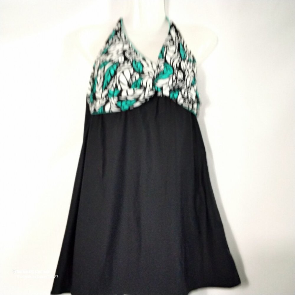 Beach Bay 1 Piece Modest Black, White & Acqua Halter Tie Swim Dress NWT Size 14